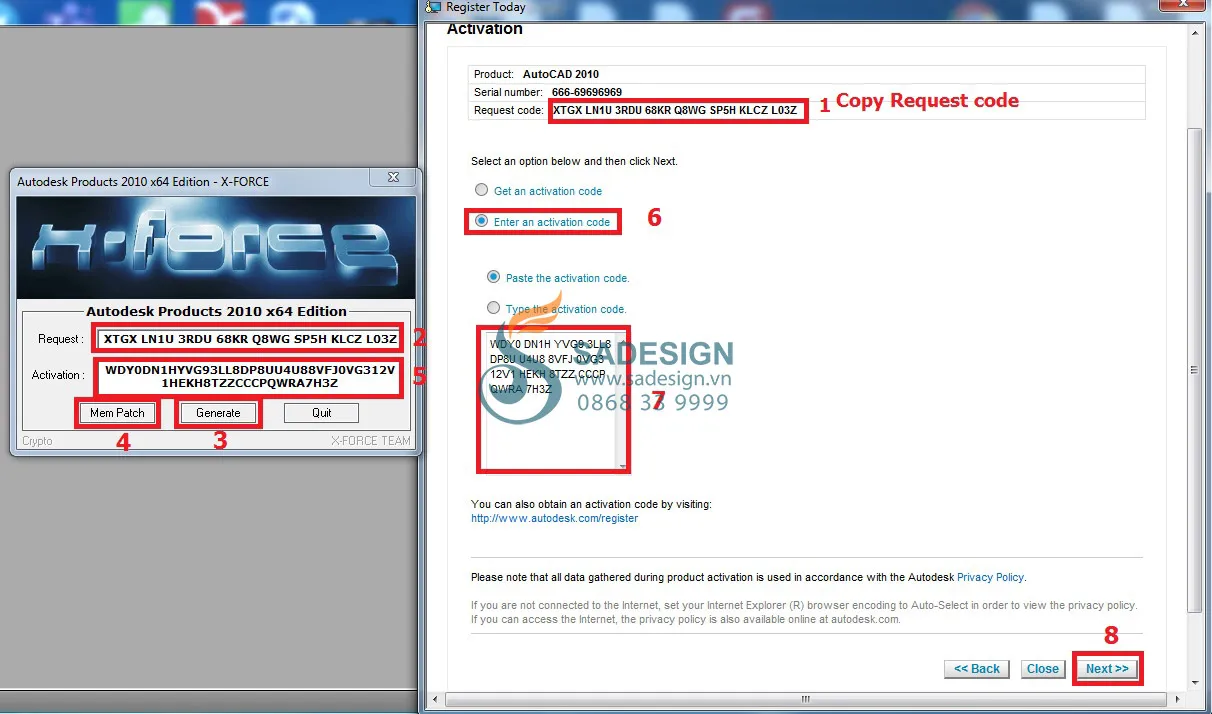 Hoàn tất quá trình tạo mã kích hoạt và dán mã vào ô &quot;Enter an Activation Code&quot; để kích hoạt AutoCAD 2010
