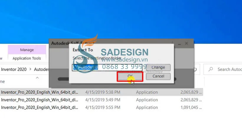 Hộp thoại &quot;Autodesk Self-Extract&quot; hiển thị thông báo, yêu cầu người dùng chọn &quot;OK&quot; để tiếp tục quá trình cài đặt Autodesk Inventor 2020.