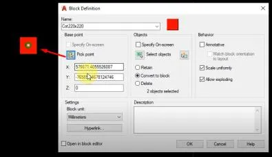 Hộp thoại Block Definition khi tạo block cột 220x220 trong AutoCAD