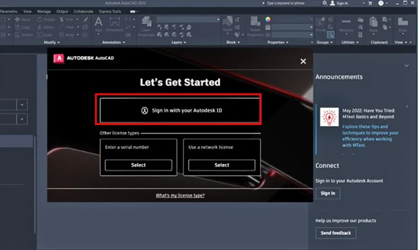 Hộp thoại đăng nhập tài khoản Autodesk ID để kích hoạt bản quyền AutoCAD sinh viên
