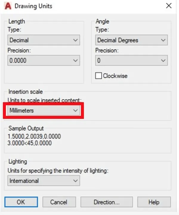 Hộp thoại &quot;Đơn vị bản vẽ&quot; trong AutoCAD 2020, nơi người dùng có thể thay đổi đơn vị chèn sang milimét.