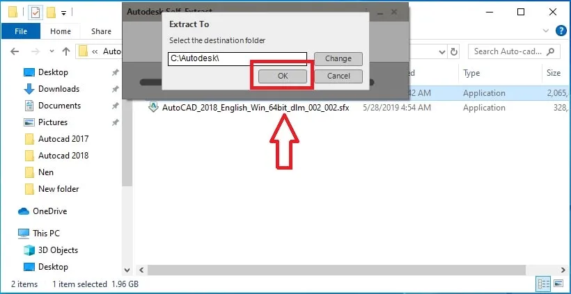 Hộp thoại xác nhận sẵn sàng cài đặt AutoCAD 2018, người dùng cần nhấn OK để tiếp tục quá trình