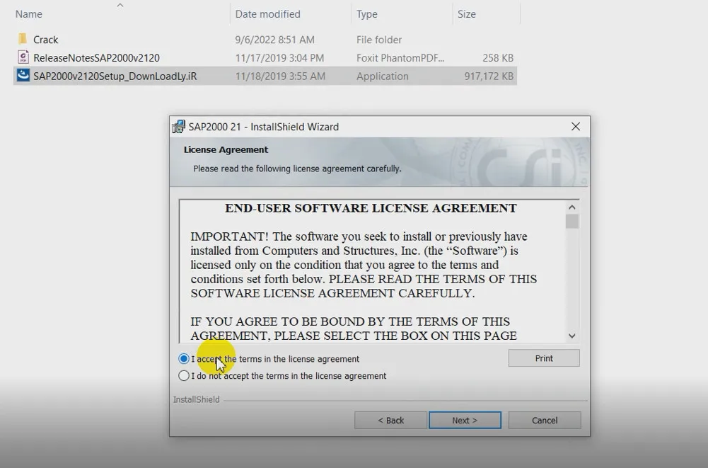 Hộp thoại yêu cầu chấp nhận các điều khoản cấp phép khi cài đặt SAP2000 v21