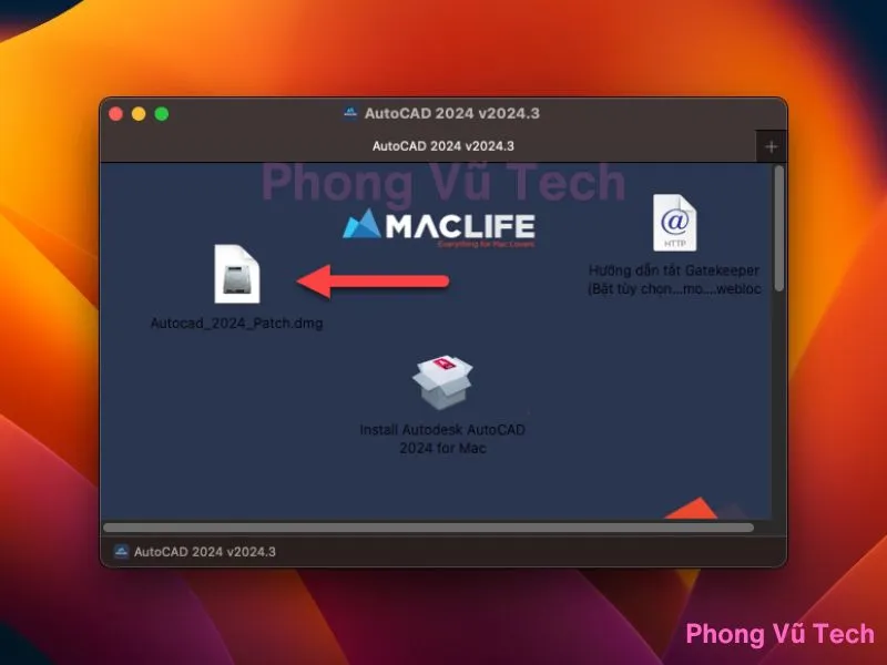 Hướng dẫn cài đặt Autocad Full Crack cho MacBook, với bước mở file Autocad_2024_Patch.dmg.