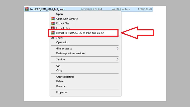 Hướng dẫn giải nén file cài đặt CAD 2010 full crack bằng cách chọn &quot;Extract to...&quot; để bắt đầu quá trình.
