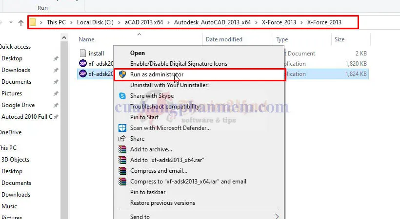 Hướng dẫn mở công cụ kích hoạt (Keygen) dưới quyền quản trị viên (Run as Administrator) để bẻ khóa AutoCAD 2013
