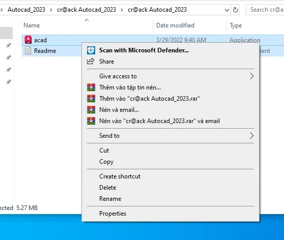 Hướng dẫn sao chép các tệp kích hoạt từ thư mục crack để hoàn tất quá trình kích hoạt AutoCAD 2023.