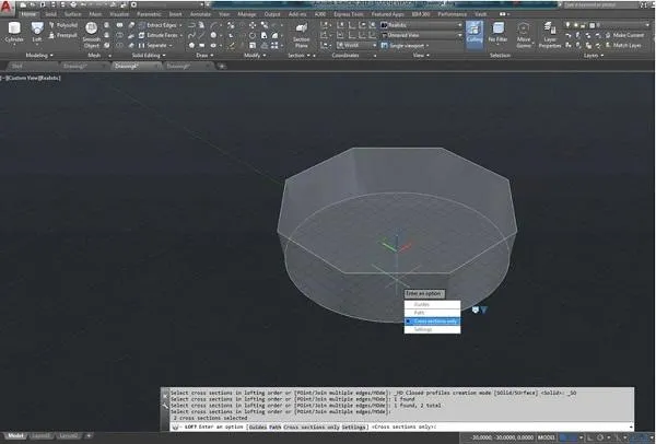 Kết quả của lệnh &quot;Loft&quot; trong AutoCAD 2020, tạo khối 3D bằng cách kết nối các biên dạng 2D khác nhau.