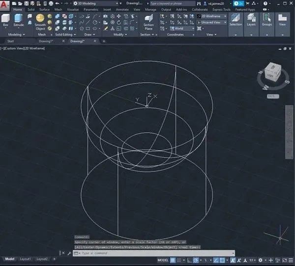 Kết quả của lệnh Subtract trong AutoCAD 2020, hình cầu bị trừ đi khỏi hình trụ, tạo ra một lỗ lõm.