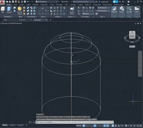 Kết quả của lệnh Union trong AutoCAD 2020, hình trụ và hình cầu đã được hợp nhất thành một vật thể rắn duy nhất.