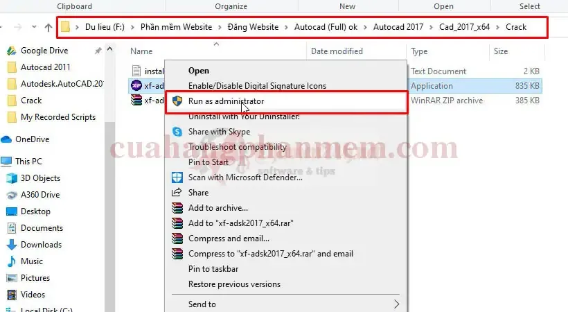Khởi chạy công cụ kích hoạt (Keygen/X-Force) cho AutoCAD 2017 bằng cách chọn 'Run as Administrator'