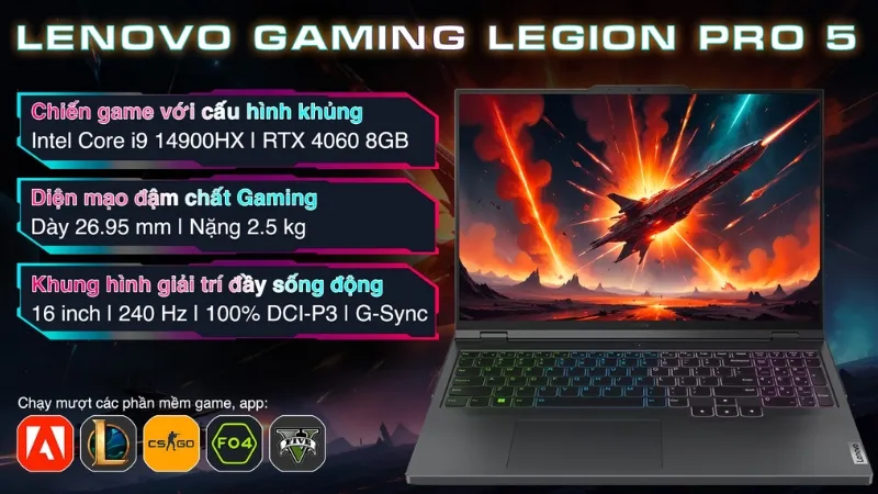 Laptop Lenovo Gaming Legion Pro 5 16IRX9 i9 14900HX mạnh mẽ, chuyên dụng cho gaming và lý tưởng để xử lý các dự án AutoCAD 3D phức tạp.