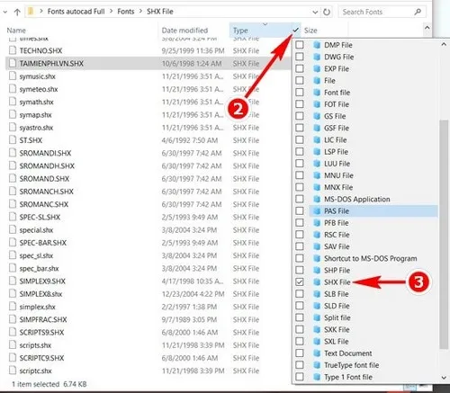 Lọc và hiển thị các tệp tin font có đuôi SHX trong thư mục đã giải nén để dễ dàng lựa chọn, chuẩn bị cài đặt cho AutoCAD 2015.