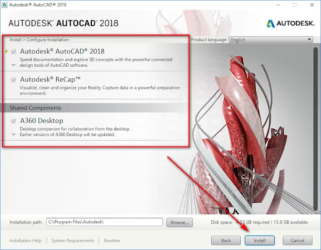Lựa chọn các thành phần cài đặt tùy chỉnh cho AutoCAD 2018, khuyến nghị giữ mặc định.