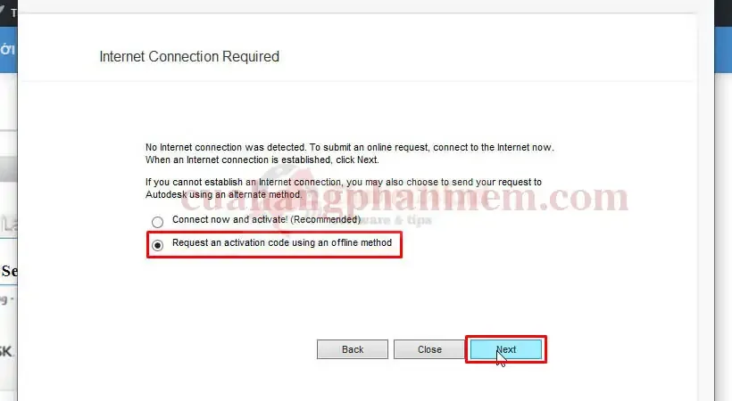 Lựa chọn phương thức kích hoạt và nhấn Next để hoàn tất bản quyền AutoCAD 2018.
