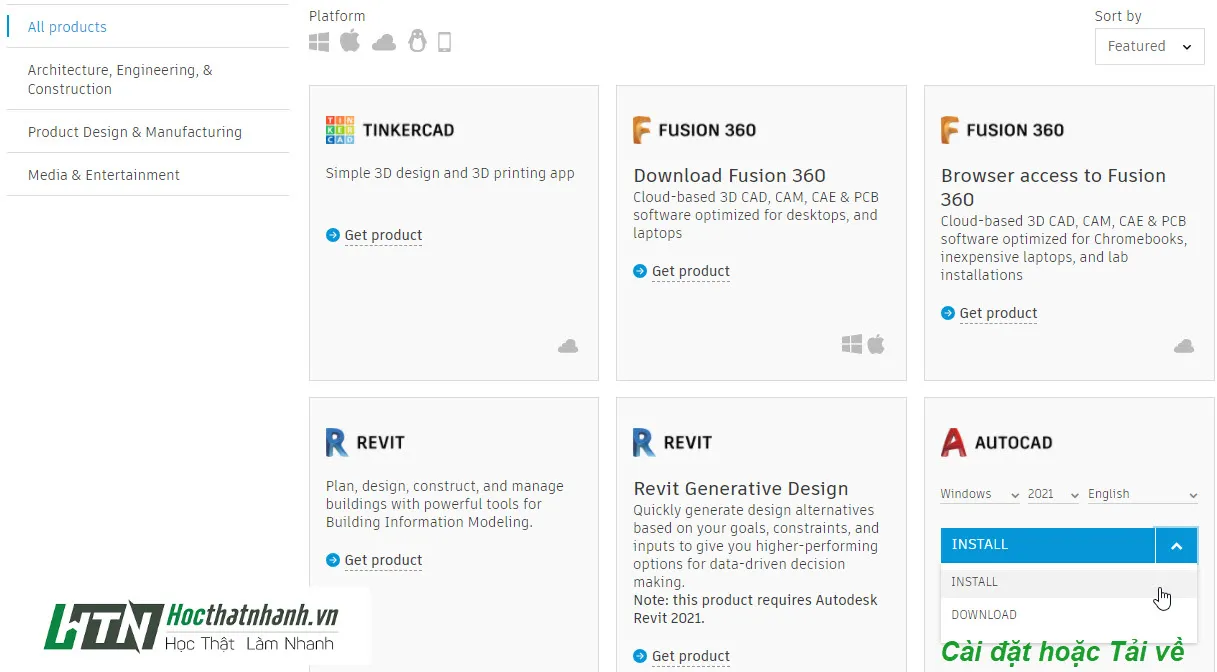 Lựa chọn tải hoặc cài đặt trực tiếp phần mềm AutoCAD miễn phí từ Autodesk về máy tính laptop