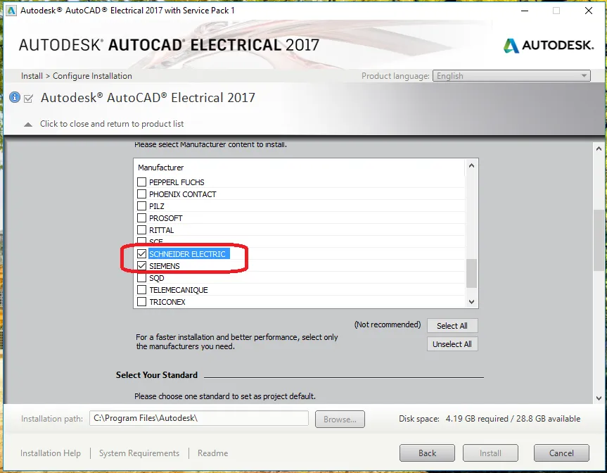 Lựa chọn thư viện hãng thiết bị trong AutoCAD Electrical 2020, nên chọn Siemens và Schneider do phổ biến trong thiết kế điện.