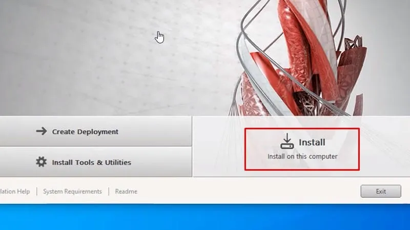 Màn hình cài đặt AutoCAD 2016, chọn 'Install' để bắt đầu quá trình