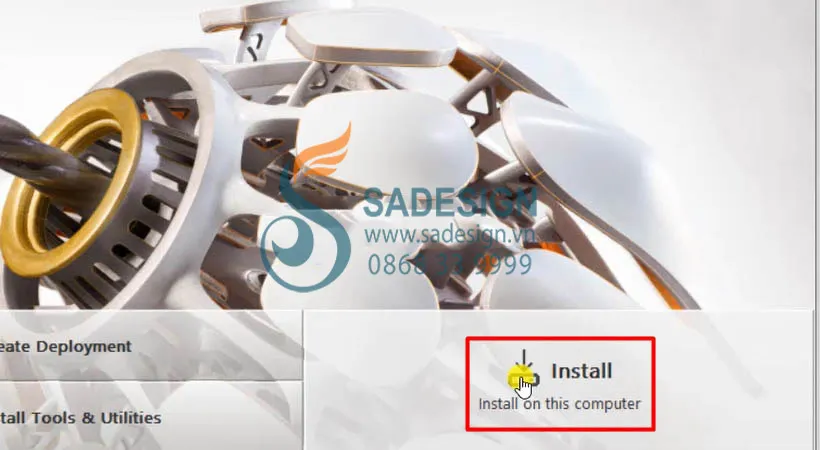 Màn hình cài đặt ban đầu của Inventor 2020, với tùy chọn &quot;Install&quot; được đánh dấu để bắt đầu quá trình cài đặt phần mềm.