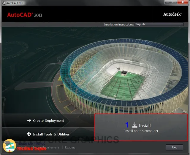 Màn hình chào mừng cài đặt AutoCAD 2013, hiển thị các tùy chọn như 'Install' và 'Tools and Utilities'.