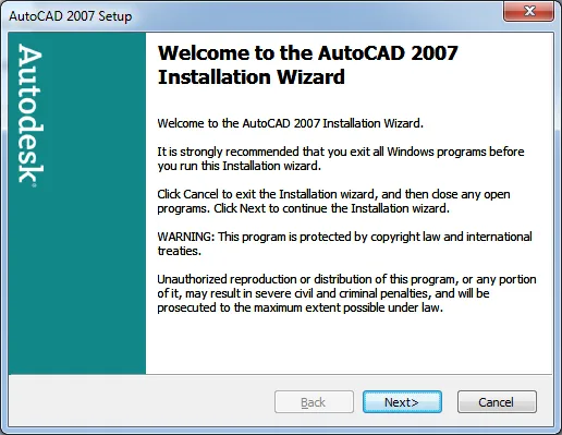 Màn hình chào mừng của trình cài đặt AutoCAD 2007, nhấn Next để chuyển sang bước tiếp theo
