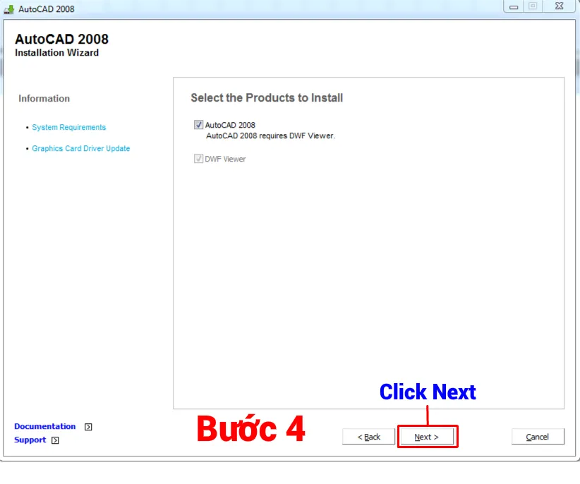 Màn hình chào mừng và thông tin AutoCAD 2008, nhấn Next