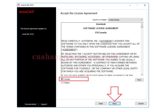 Màn hình chấp nhận điều khoản sử dụng AutoCAD 2010 trong quá trình cài đặt