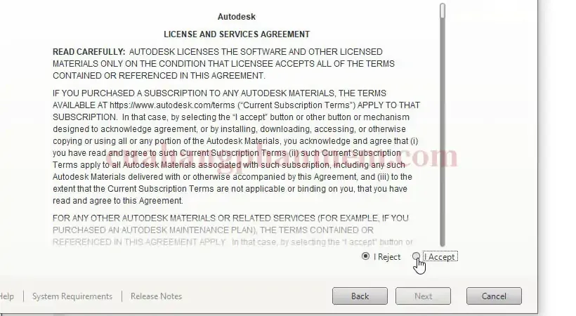 Màn hình chấp nhận điều khoản sử dụng khi cài đặt AutoCAD 2021