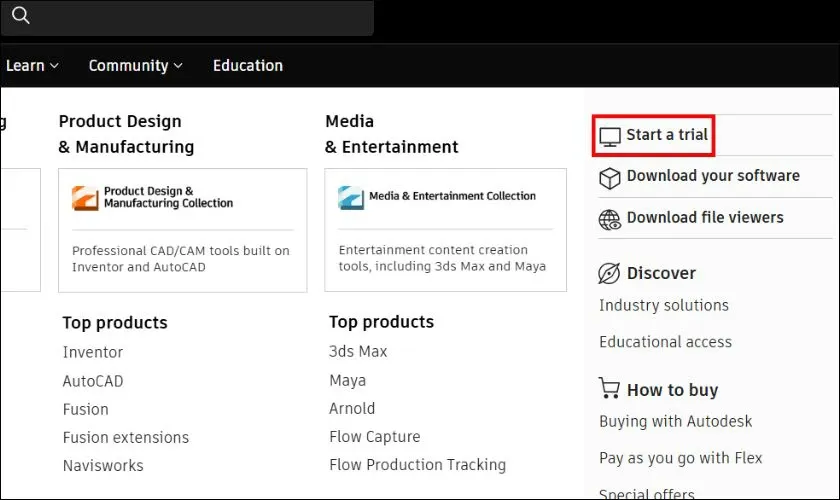 Màn hình chọn mục Products và Start a trial để khám phá phần mềm Autodesk, bao gồm AutoCAD