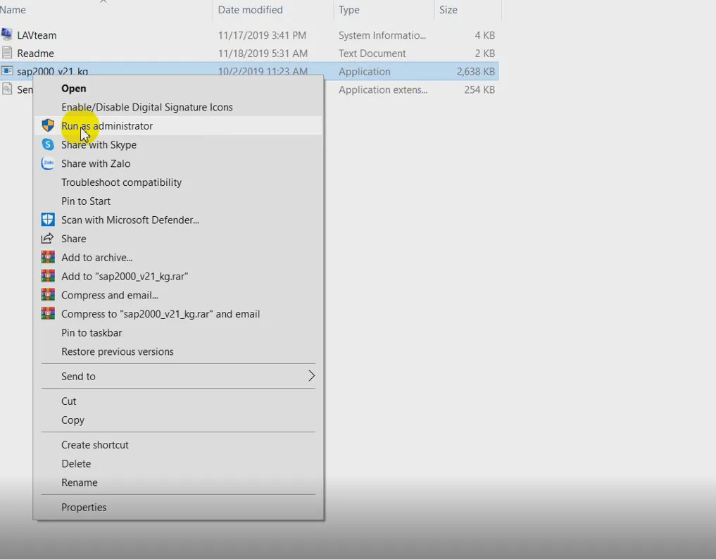 Màn hình Explorer hiển thị file &quot;sap2000_v1_kg&quot; trong thư mục Cr@ck, chuẩn bị được chạy với quyền quản trị viên để kích hoạt bản quyền phần mềm SAP2000 v21.