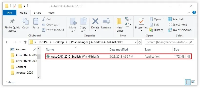 Màn hình giải nén file cài đặt AutoCAD 2019, hiển thị tùy chọn thay đổi thư mục đích