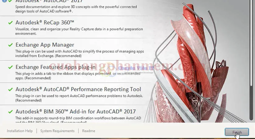 Màn hình hiển thị quá trình cài đặt AutoCAD 2017 đã hoàn tất, chọn 'Finish' để kết thúc