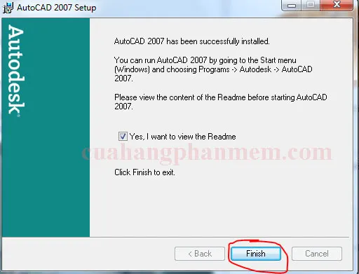Màn hình hoàn tất quá trình cài đặt AutoCAD 2007, nhấn Finish để đóng cửa sổ