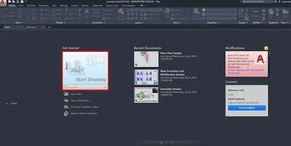 Màn hình khởi động AutoCAD 2020 với nút &quot;Bắt đầu vẽ&quot; nổi bật, sẵn sàng tạo dự án mới.