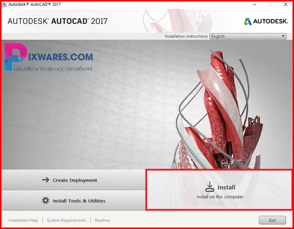 Màn hình khởi động cài đặt Autocad 2017, hiển thị nút &quot;Install&quot; sau khi chạy file Setup.exe, bước đầu tiên để cài đặt phần mềm từ bản autocad 2017 full crack pixwares