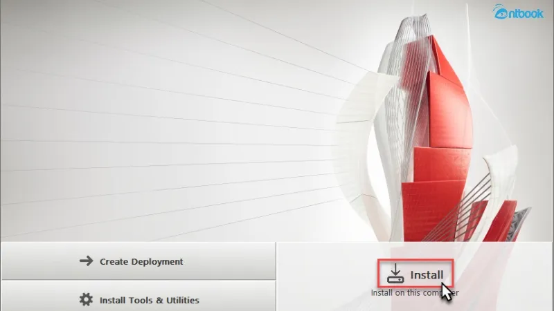 Màn hình khởi động cài đặt AutoCAD, với tùy chọn &quot;Install on this computer&quot; được làm nổi bật, hướng dẫn người dùng bắt đầu quá trình cài đặt phần mềm AutoCAD lên máy tính.