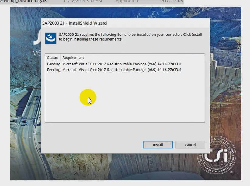 Màn hình khởi động cài đặt SAP2000 v21, nhấn nút "Install" để bắt đầu quá trình cài đặt phần mềm thiết kế kết cấu.