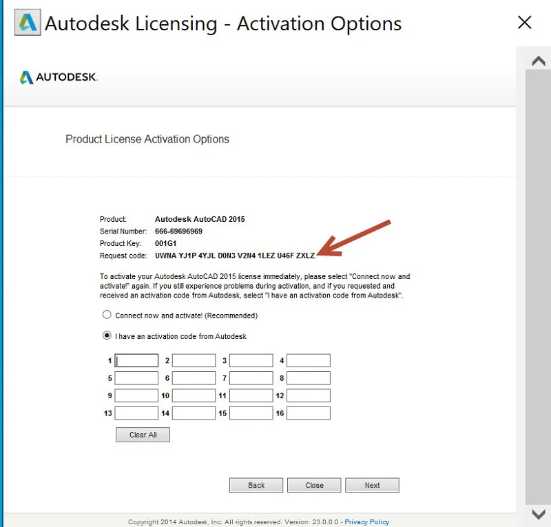 Màn hình kích hoạt bản quyền AutoCAD 2015, chọn tùy chọn &quot;I have an activation code from Autodesk&quot; để nhập mã.