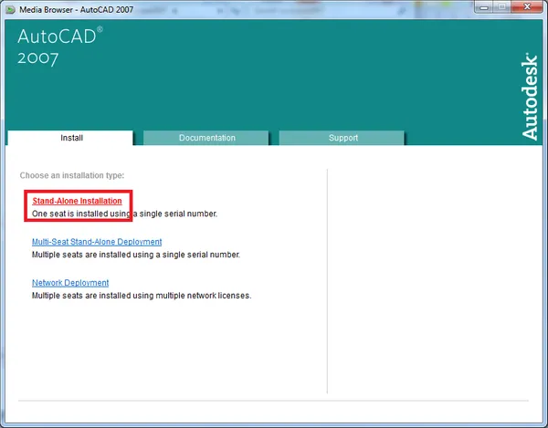 Màn hình lựa chọn loại hình cài đặt AutoCAD 2007, với tùy chọn &quot;Stand-Alone Installation&quot; được chọn