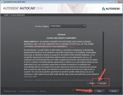 Màn hình lựa chọn quốc gia và chấp nhận điều khoản khi cài đặt AutoCAD 2014