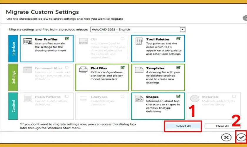 Màn hình Migrate Custom Settings khi cài đặt AutoCAD, chọn Select All để di chuyển cài đặt cũ
