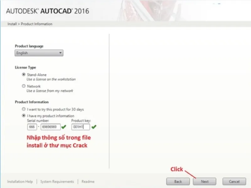 Màn hình nhập Serial Number và Product Key để kích hoạt bản quyền AutoCAD 2016 miễn phí.