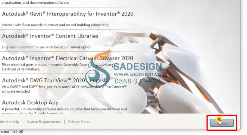 Màn hình thông báo cài đặt Autodesk Inventor 2020 đã hoàn tất, với nút &quot;Finish&quot; để kết thúc trình cài đặt và sử dụng phần mềm.
