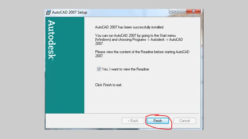 Màn hình thông báo hoàn tất cài đặt AutoCAD 2007
