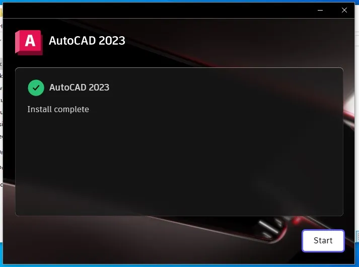 Màn hình thông báo quá trình cài đặt AutoCAD 2023 đã hoàn tất thành công.