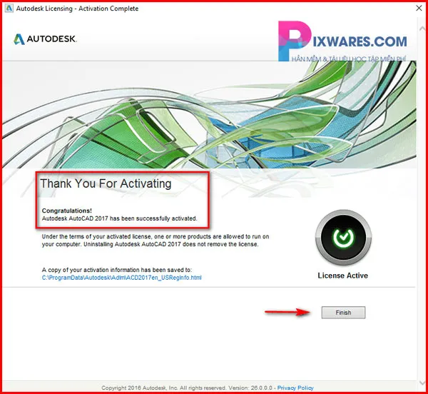 Màn hình thông báo &quot;Thank You For Activating&quot; của Autocad 2017, xác nhận quá trình kích hoạt thành công, cho phép người dùng sử dụng bản autocad 2017 full crack pixwares vĩnh viễn