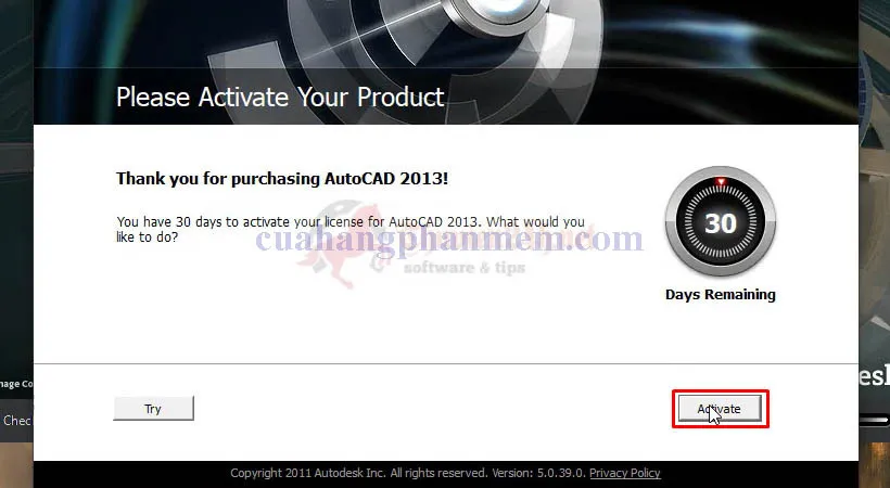 Màn hình tiếp tục chọn Activate để hoàn tất quá trình kích hoạt bản quyền AutoCAD 2013