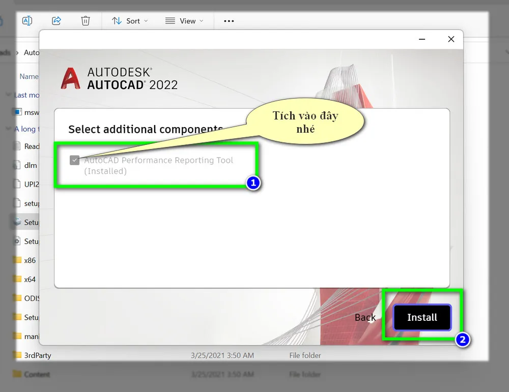 Màn hình tùy chọn cài đặt bổ sung cho AutoCAD 2022, bao gồm lựa chọn công cụ báo cáo hiệu suất.