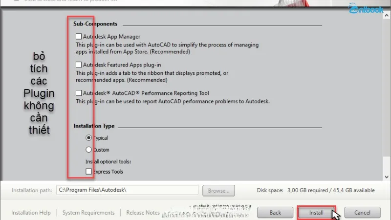 Màn hình tùy chọn cài đặt thành phần AutoCAD, cho phép người dùng bỏ chọn các plugin hoặc công cụ không cần thiết để tối ưu hóa quá trình cài đặt và tiết kiệm dung lượng khi cài đặt phần mềm AutoCAD.