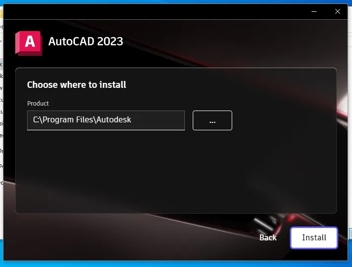 Màn hình tùy chọn thư mục cài đặt hoặc bắt đầu cài đặt chính thức AutoCAD 2023.